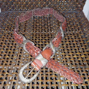 Braided Brown Leather & Silver Tone Concho Belt 7 Conchos Size Large